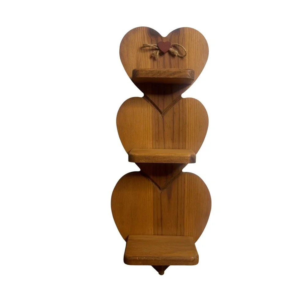 VTG Wall Shelf Triple Tier Heart Shaped Wood Brown cottagecore farmhouse